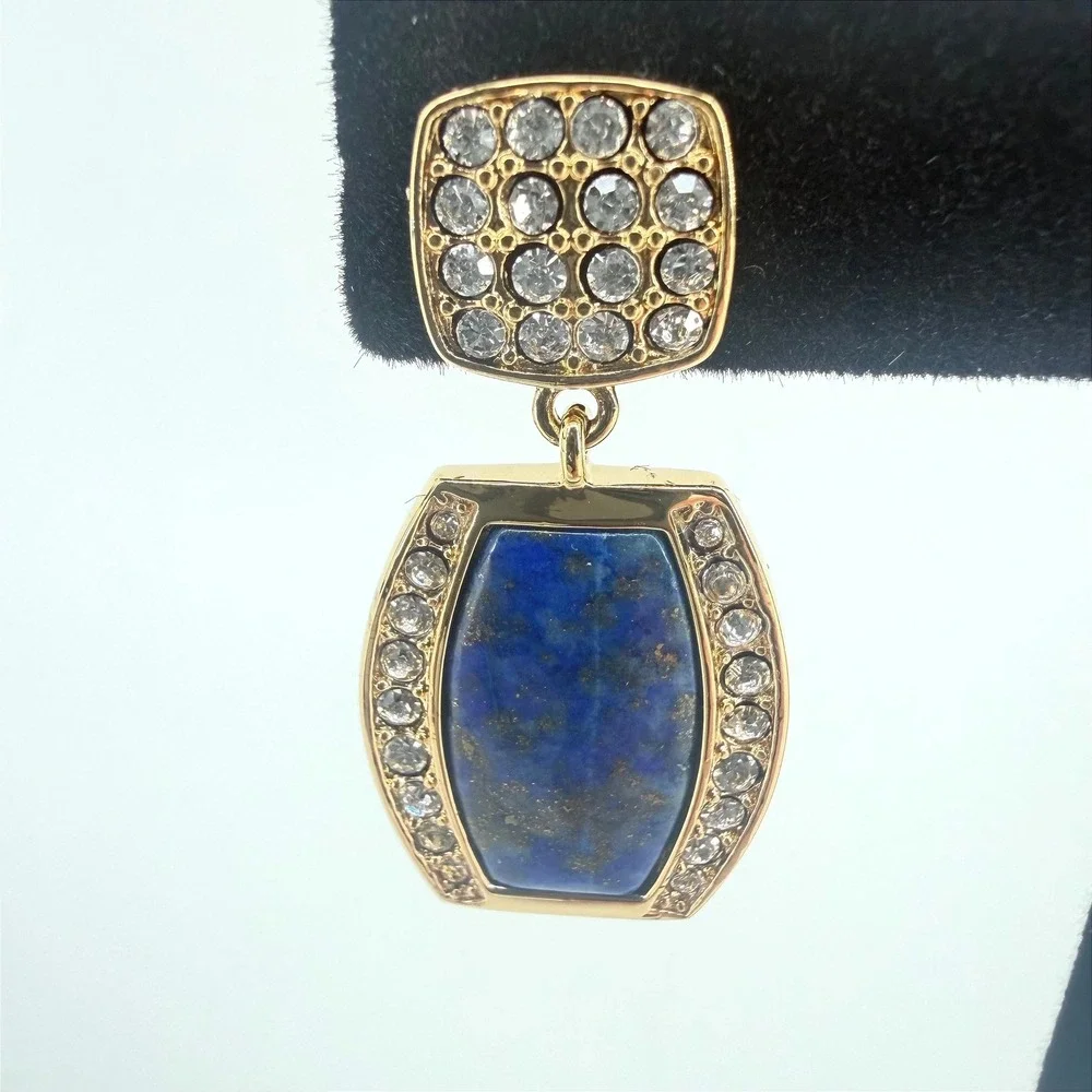 Danbury Mint Lapis Crystal Gold Tone Drop Earrings Blue Geometric Post Back